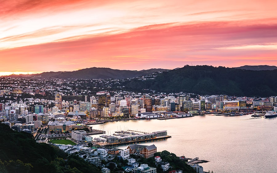 Wellington NZ skyline at sunset